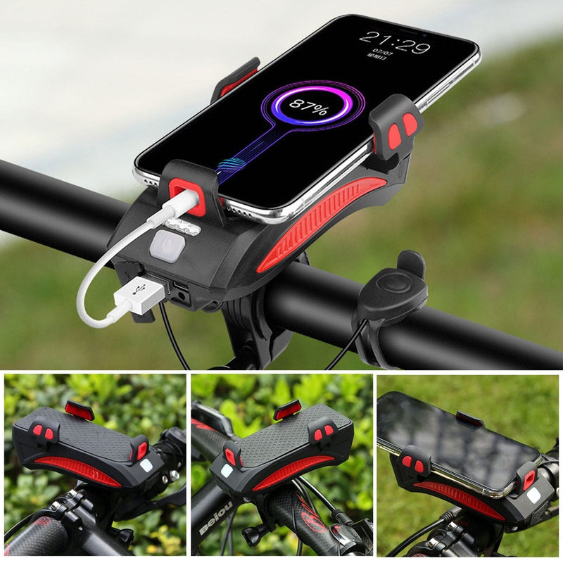 Sykkeltilbehør 4-i-1 med LED-lampe, Telefonholder og Powerbank 0