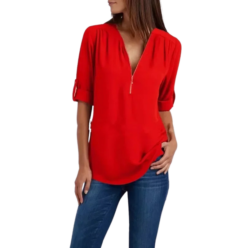 Chiffonbluse med dyp V-hals for kvinner
