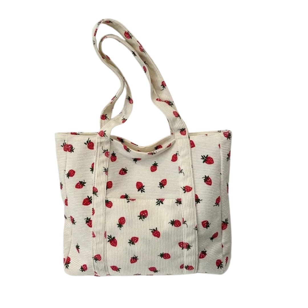 Skulderveske med jordbærtrykk i kordfløyel for kvinner
