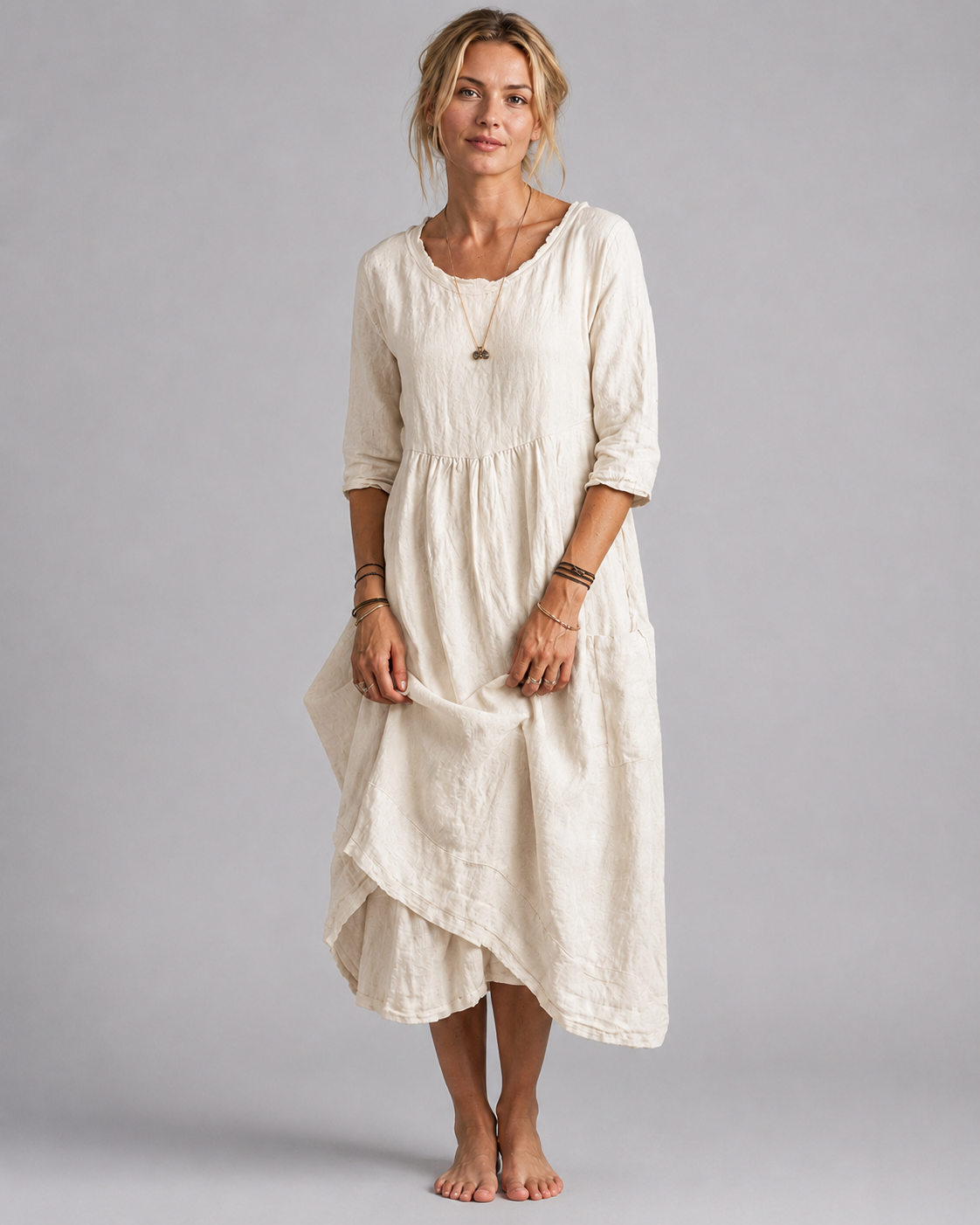 Dame Midikjole Vintage-Inspirert Bomull og Lin