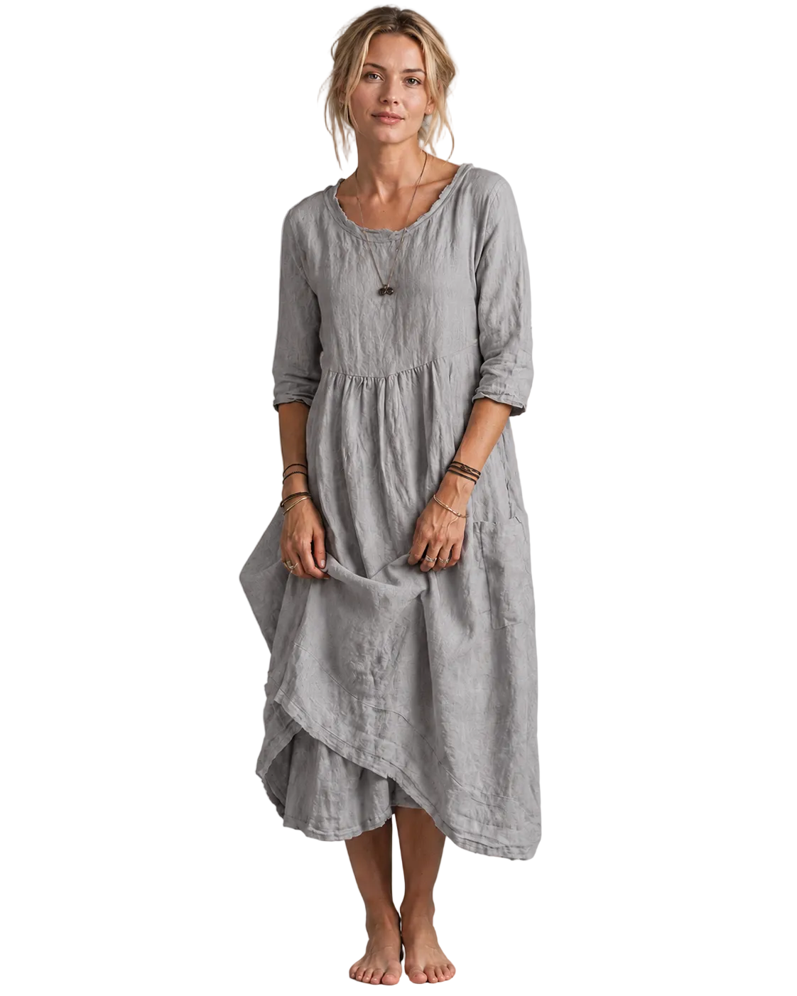 Dame Midikjole Vintage-Inspirert Bomull og Lin