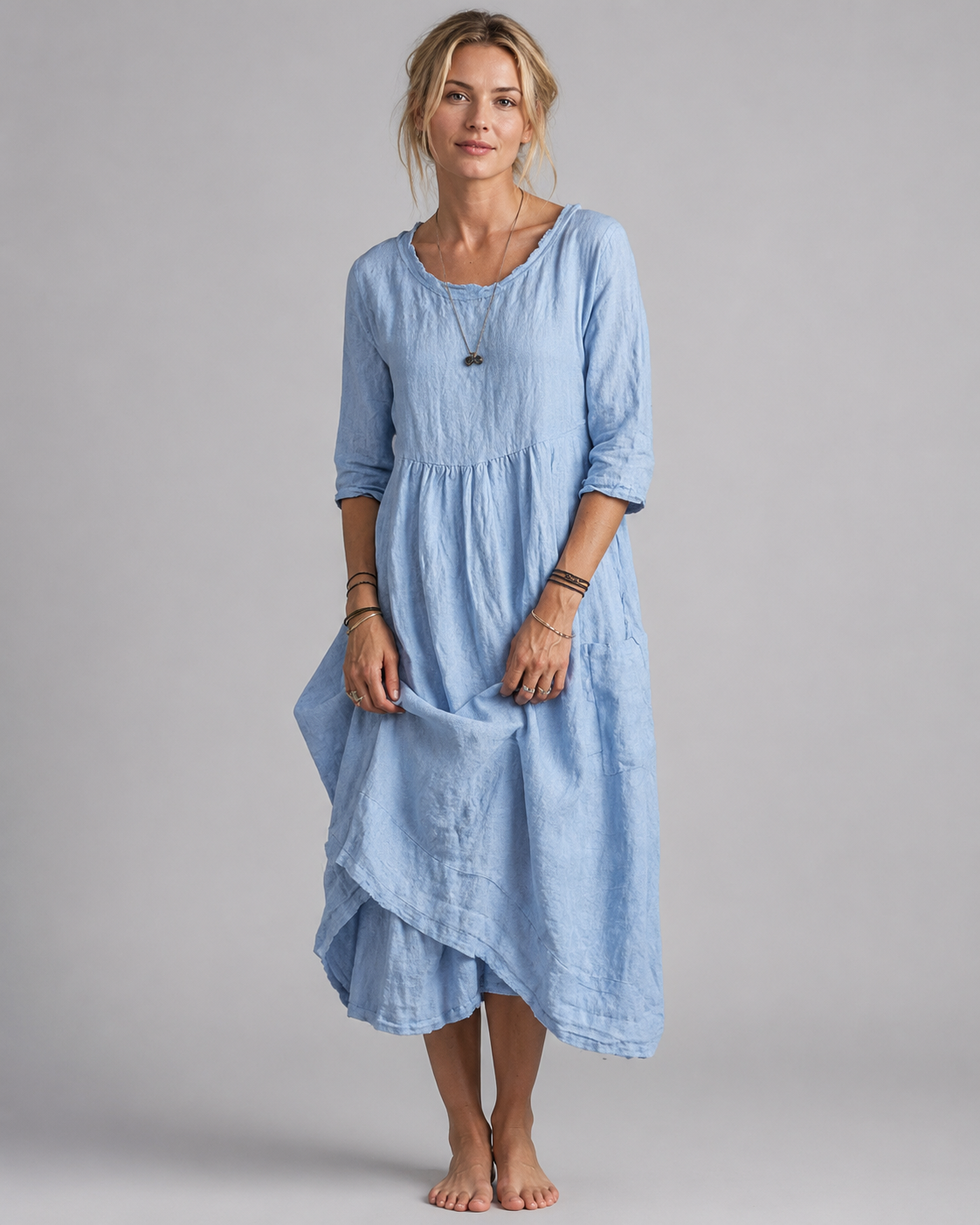 Dame Midikjole Vintage-Inspirert Bomull og Lin