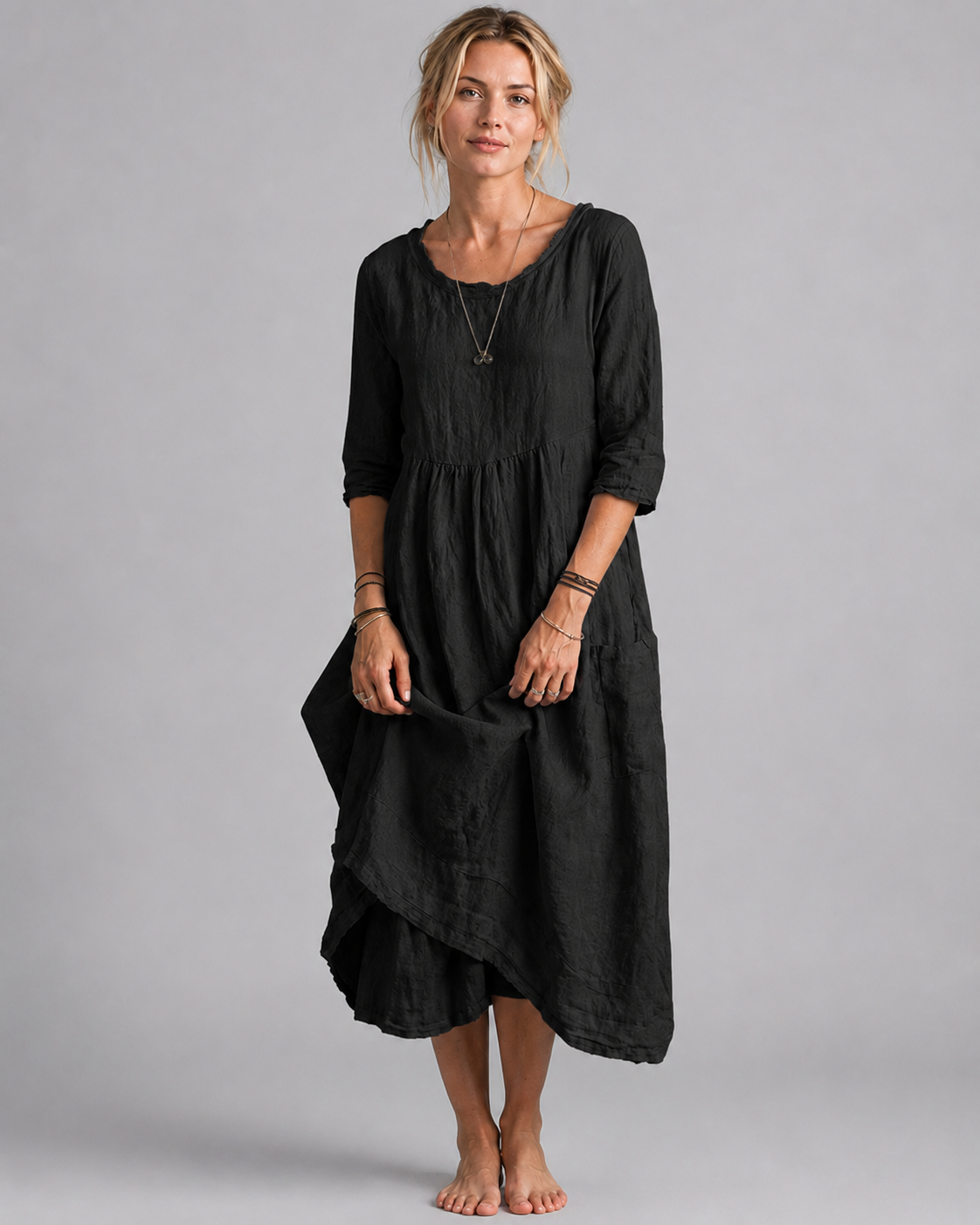Dame Midikjole Vintage-Inspirert Bomull og Lin