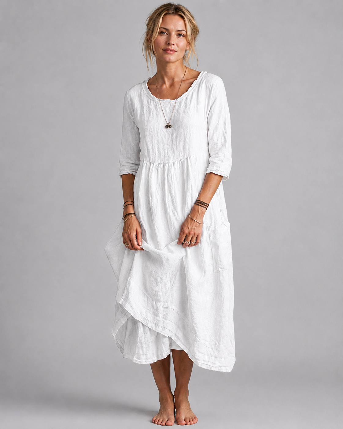 Dame Midikjole Vintage-Inspirert Bomull og Lin