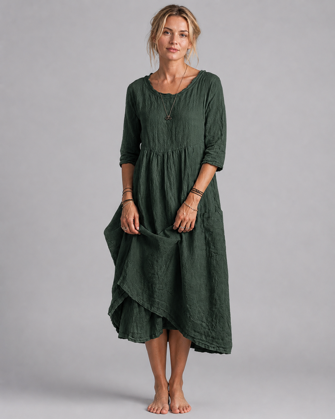 Dame Midikjole Vintage-Inspirert Bomull og Lin
