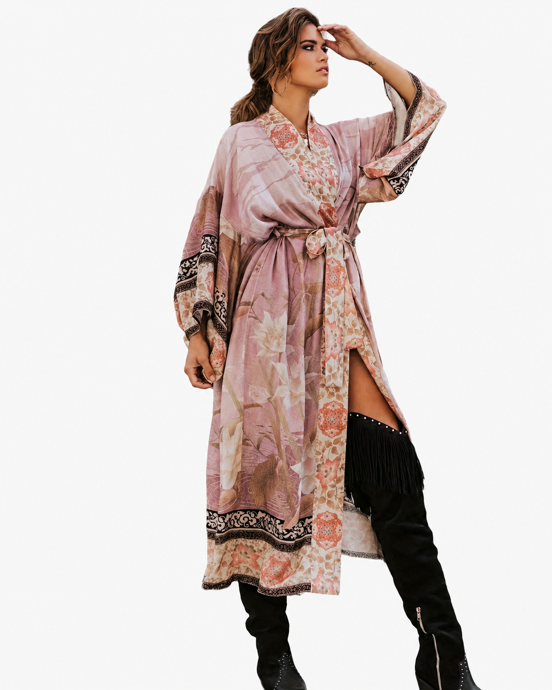 Damer Lange Kimono Blomsterprint Myk Blandingsstoff
