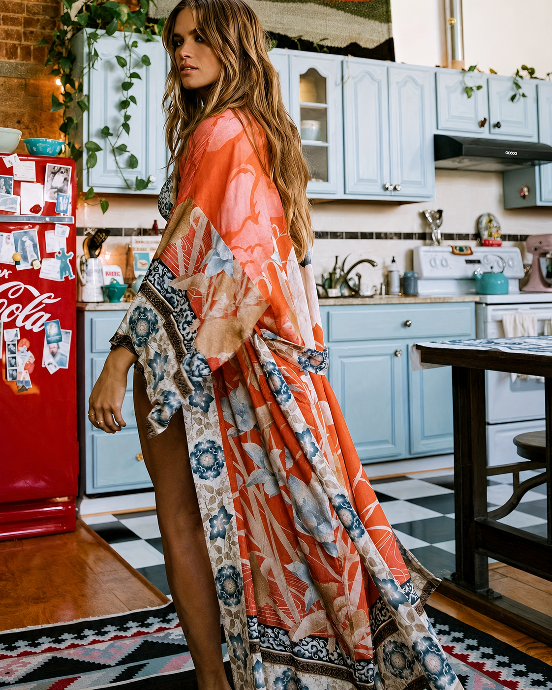 Damer Lange Kimono Blomsterprint Myk Blandingsstoff