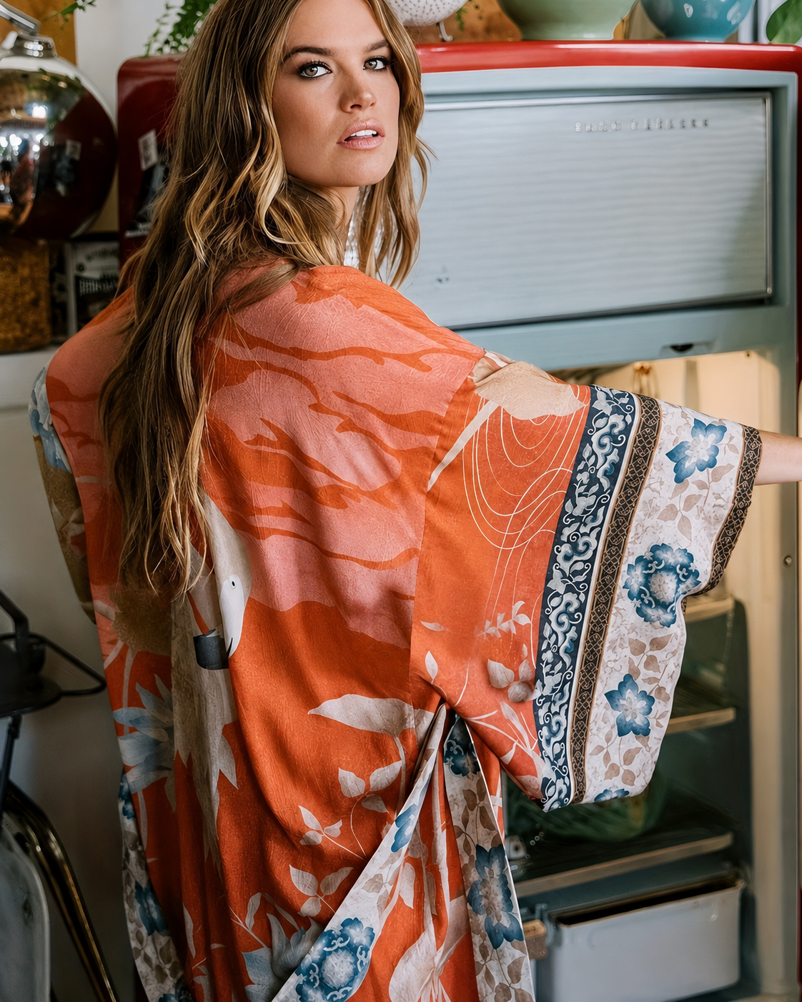 Damer Lange Kimono Blomsterprint Myk Blandingsstoff
