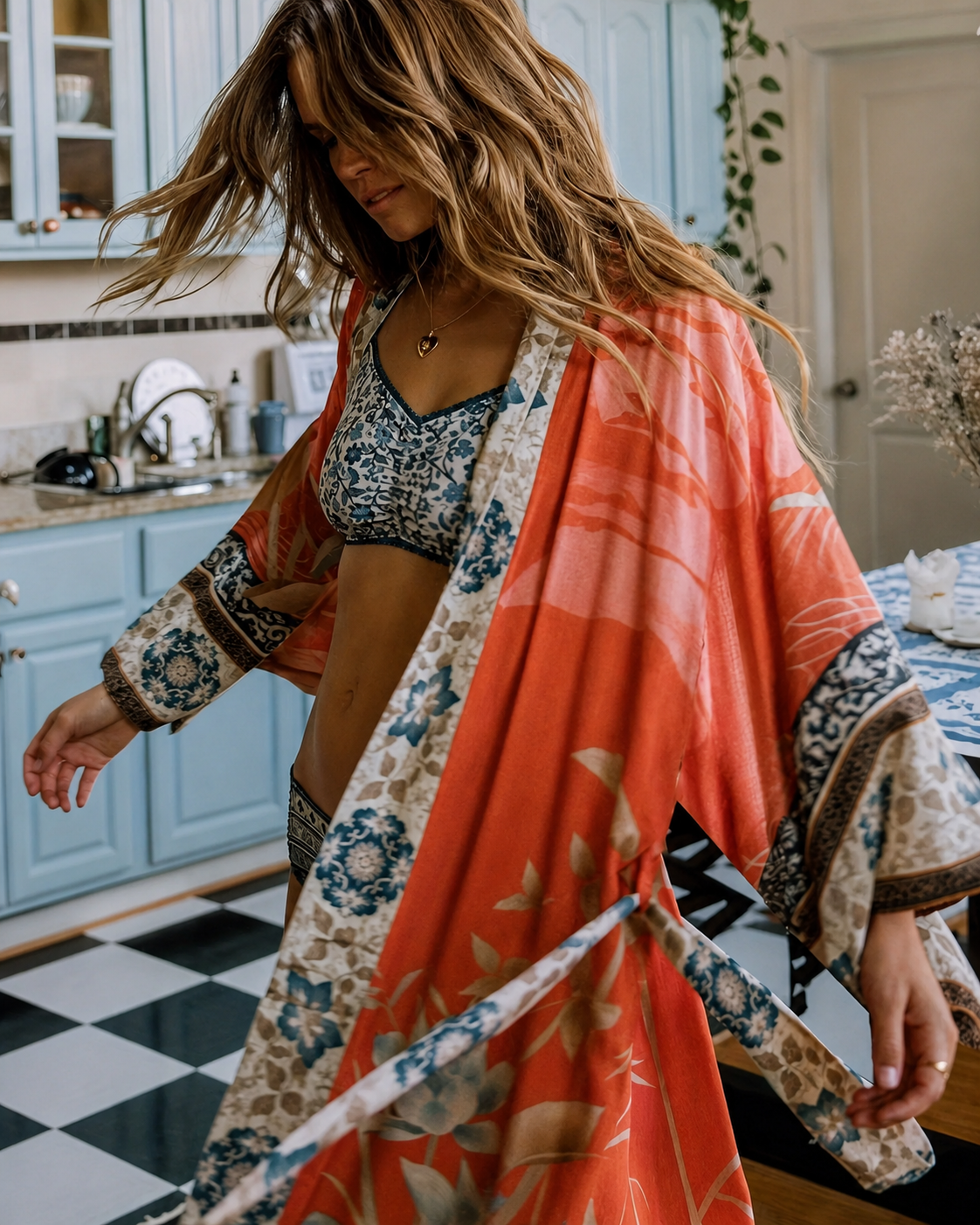 Damer Lange Kimono Blomsterprint Myk Blandingsstoff