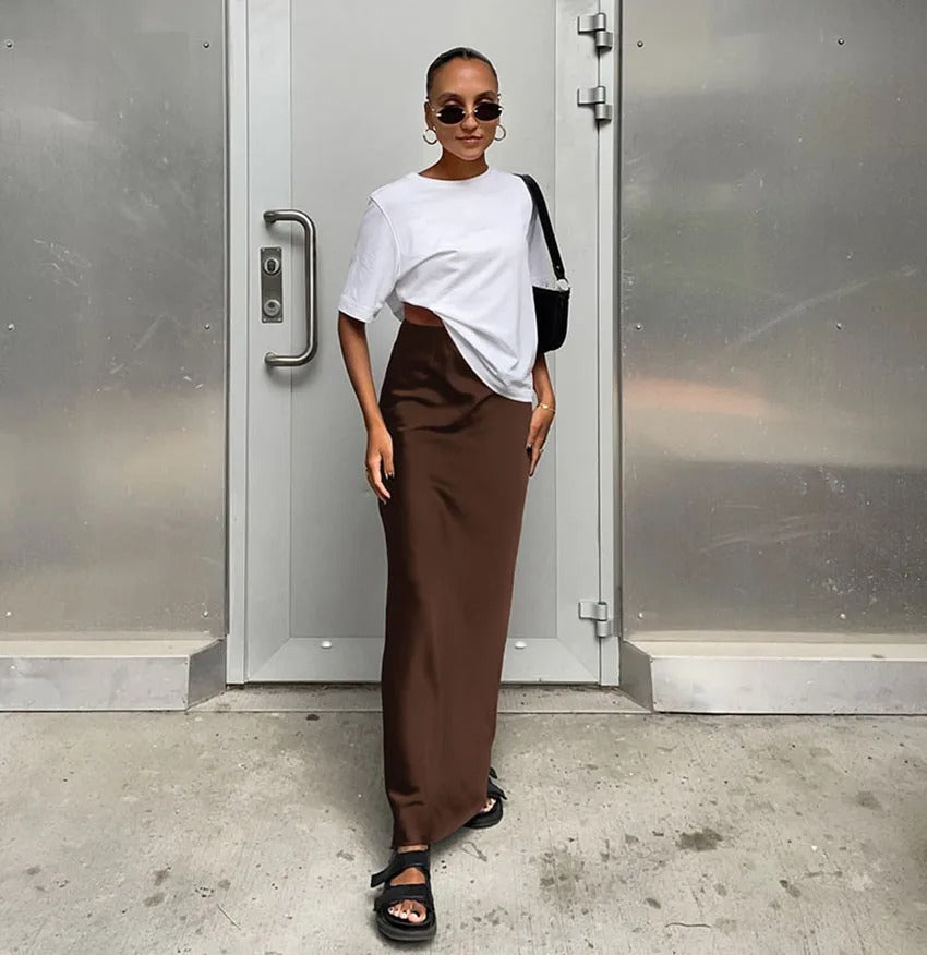 Høy midje satengskjørt for kvinner