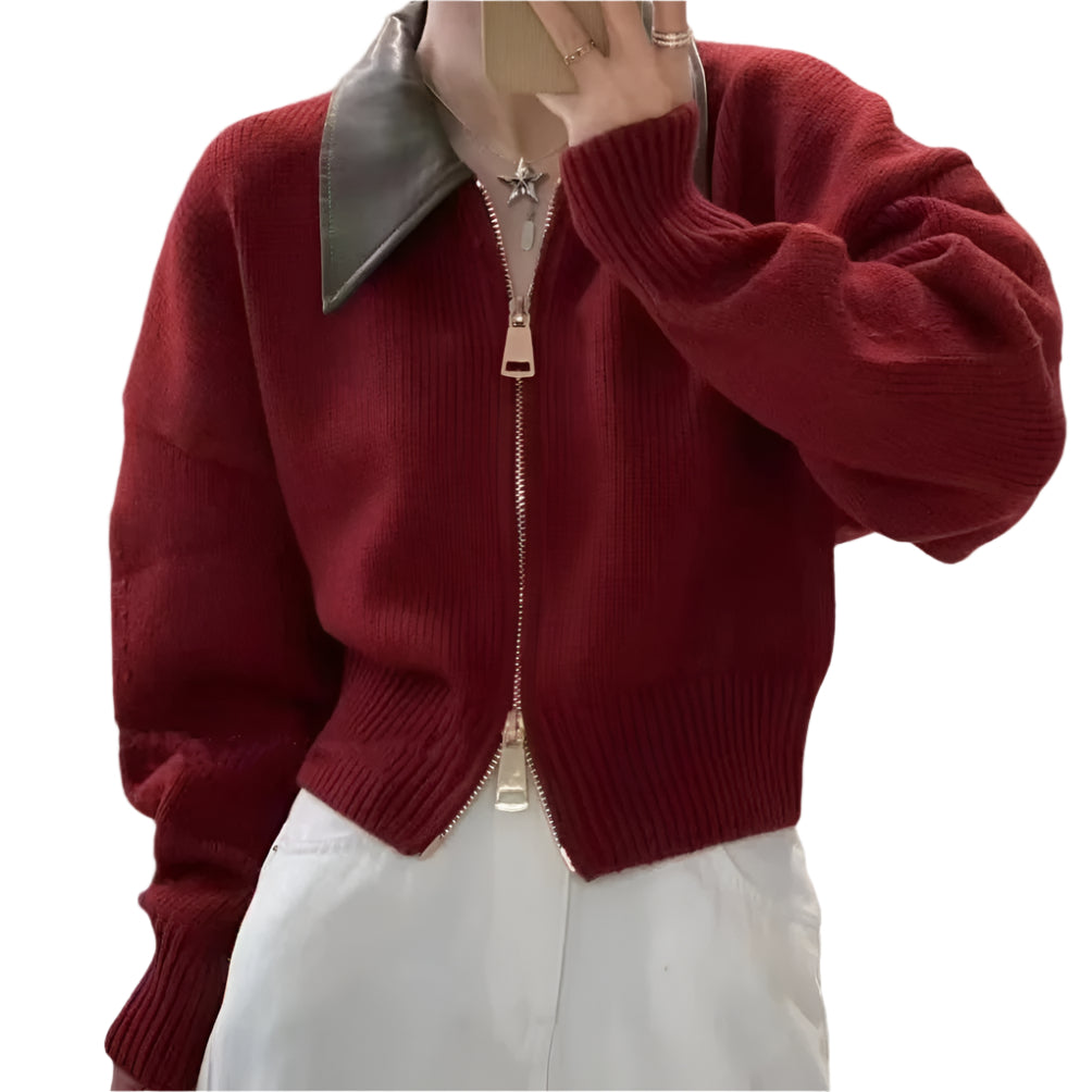 Strikket genser med skinnkrage til dame