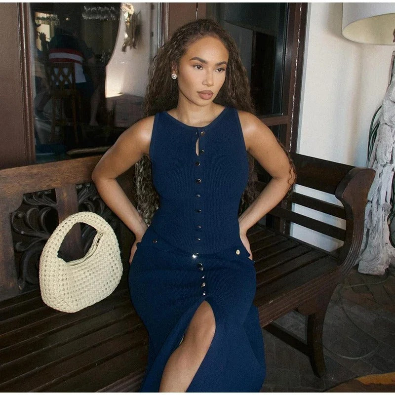 Strikket ermeløs bodycon-kjole med knapp opp for kvinner