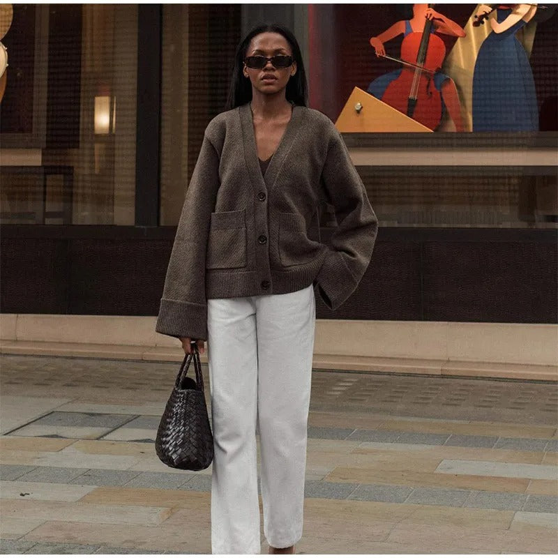 Solid V-hals cardigan for kvinner