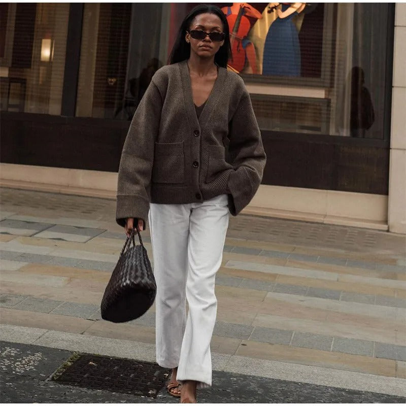 Solid V-hals cardigan for kvinner