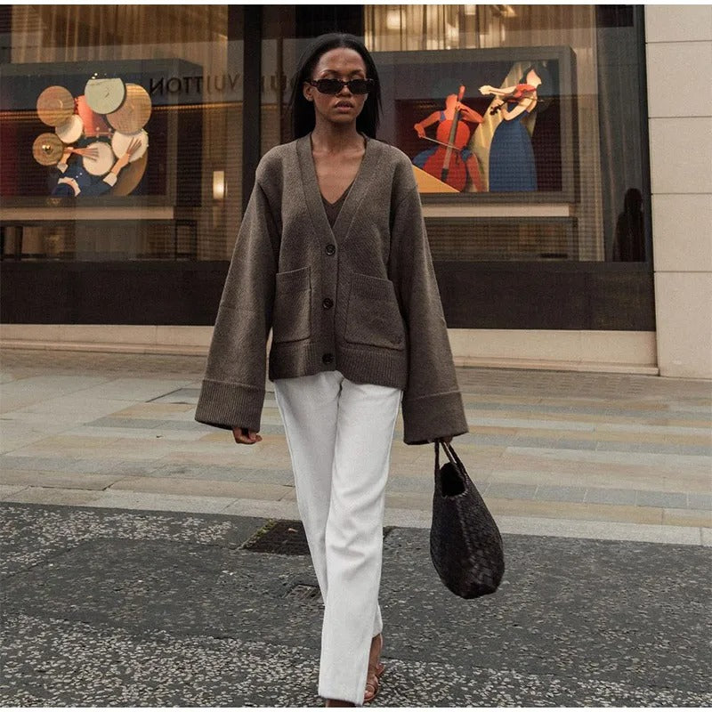 Solid V-hals cardigan for kvinner