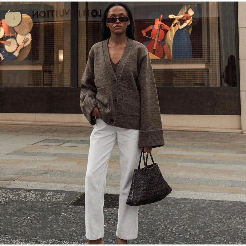 Solid V-hals cardigan for kvinner