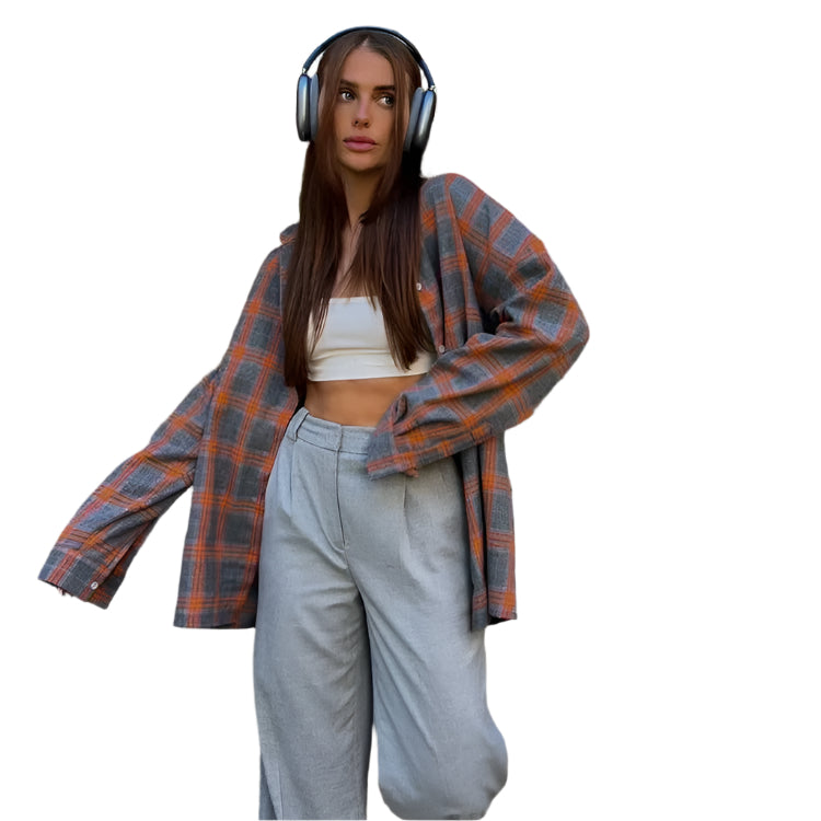 Oversized langermet rutete skjorte for kvinner