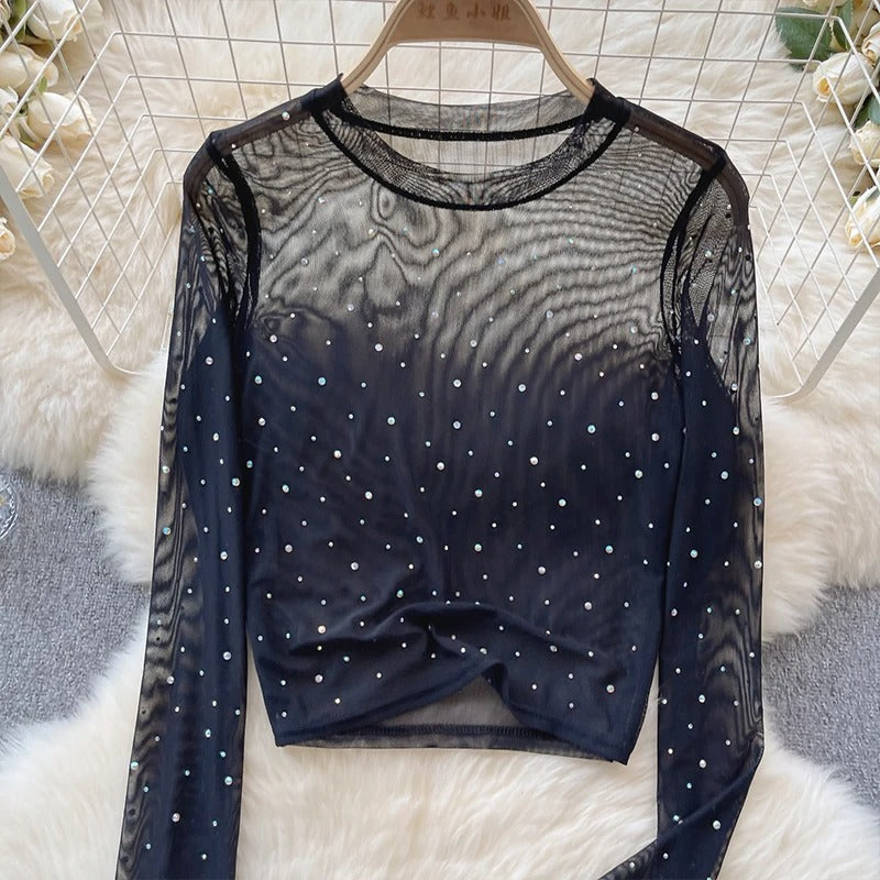 Dame Rhinestone Mesh Langermet Crop Top