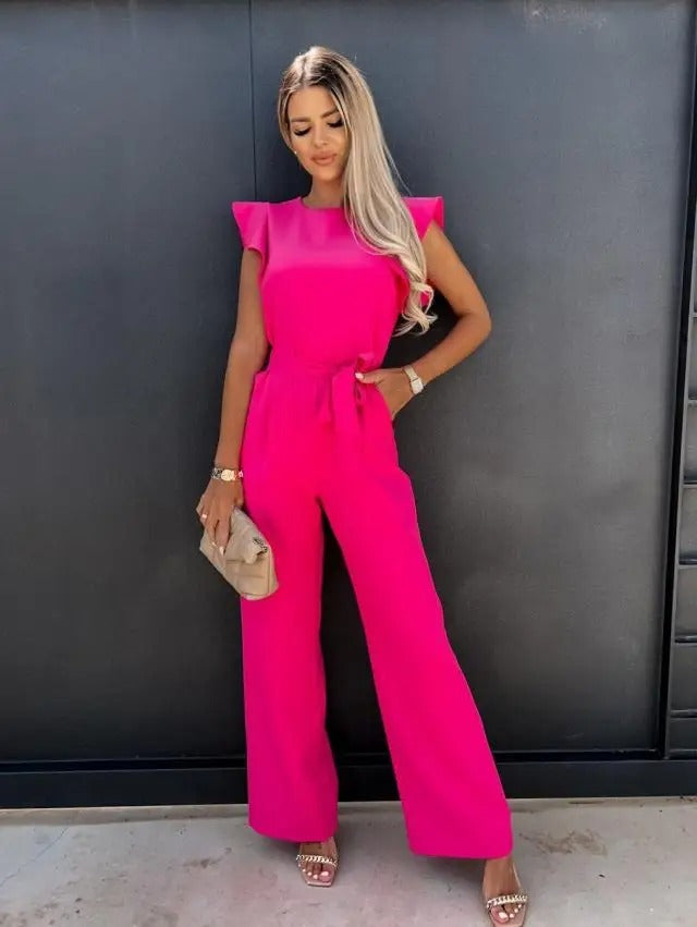 Ruffle Sleeve Jumpsuit med bånd og midje med vidde ben