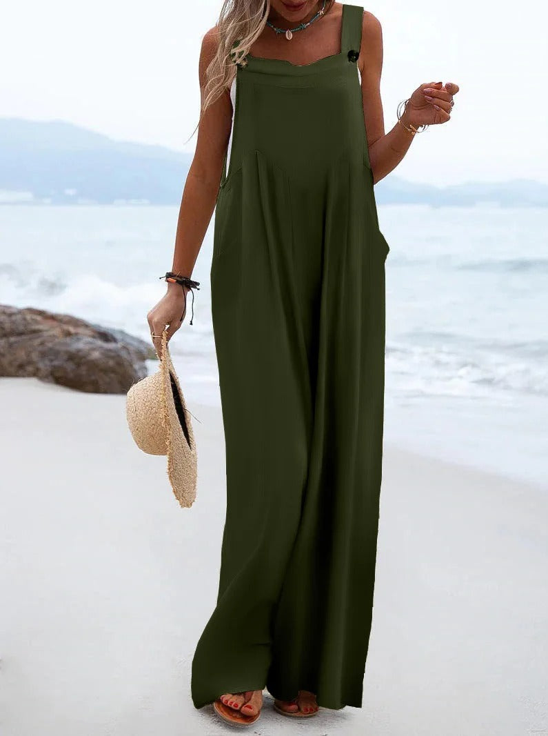 Ensfarget jumpsuit med bukseseler til dame