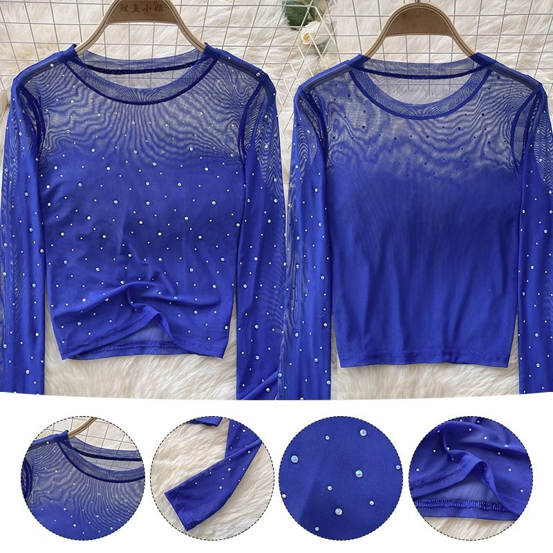 Dame Rhinestone Mesh Langermet Crop Top