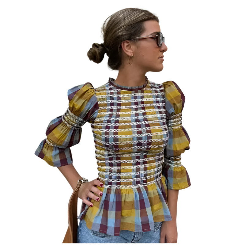 T-skjorte med rutete puffermer for kvinner