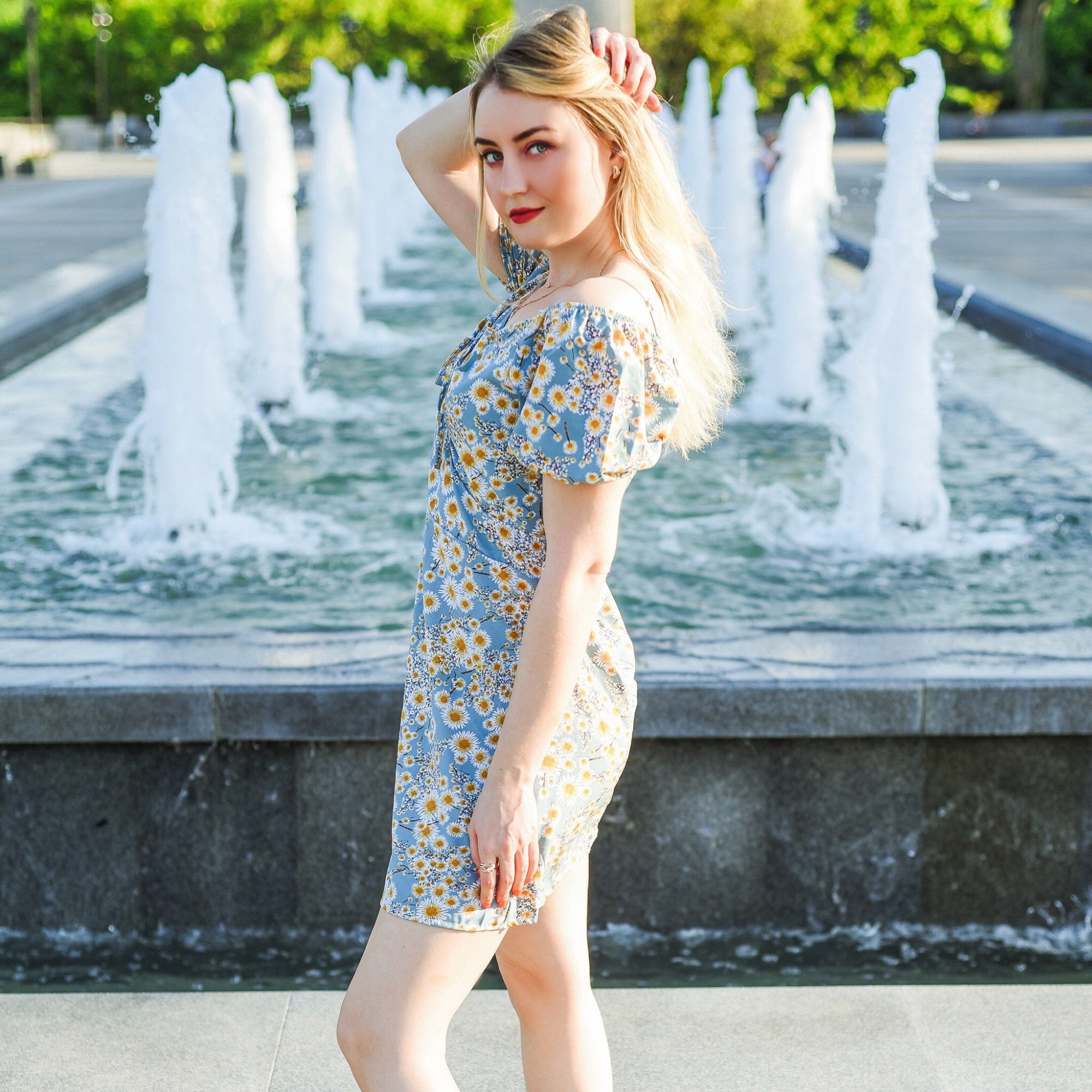 Blomster chiffon puffermet minikjole for kvinner