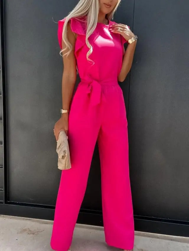 Ruffle Sleeve Jumpsuit med bånd og midje med vidde ben