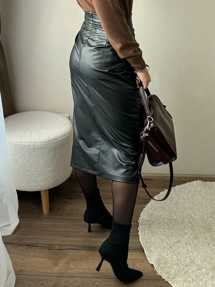 Midiskjørt i imitert skinn for dame