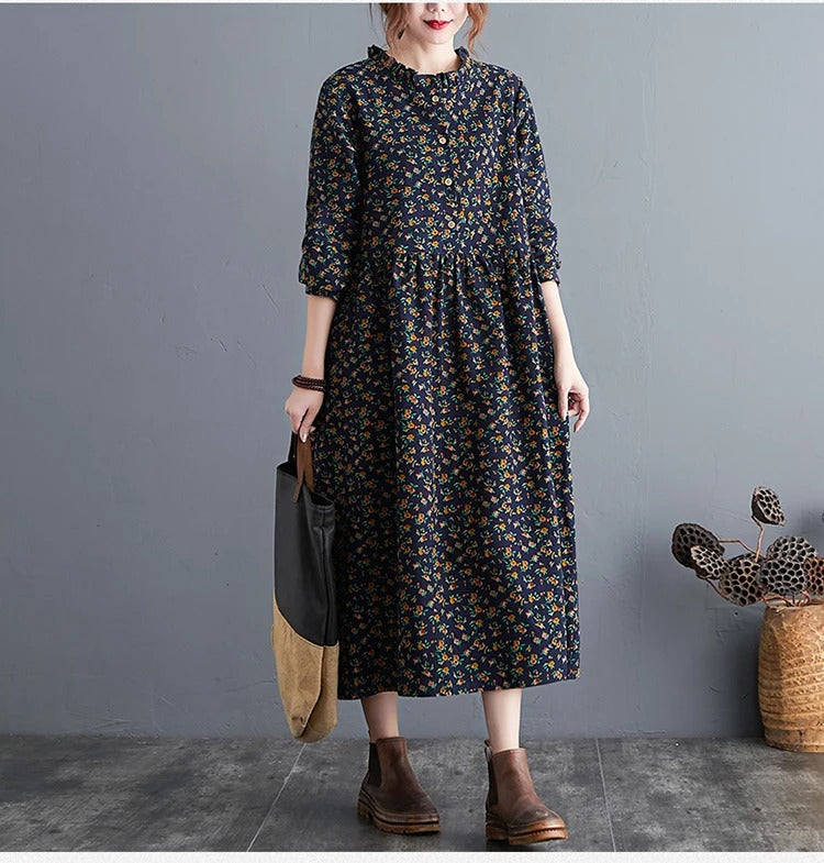 Vintage blomstret kjole med volanger for kvinner