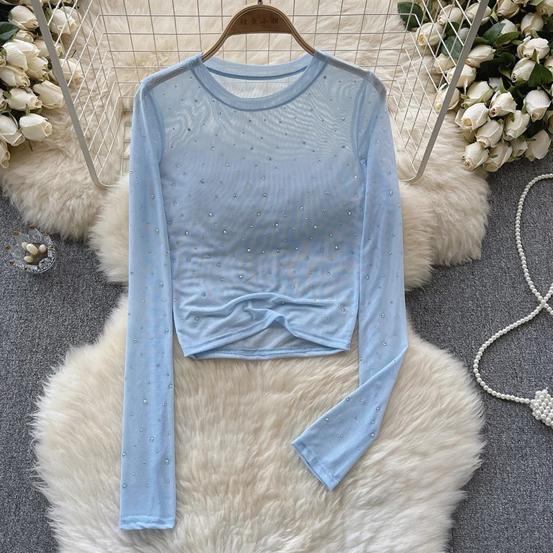 Dame Rhinestone Mesh Langermet Crop Top