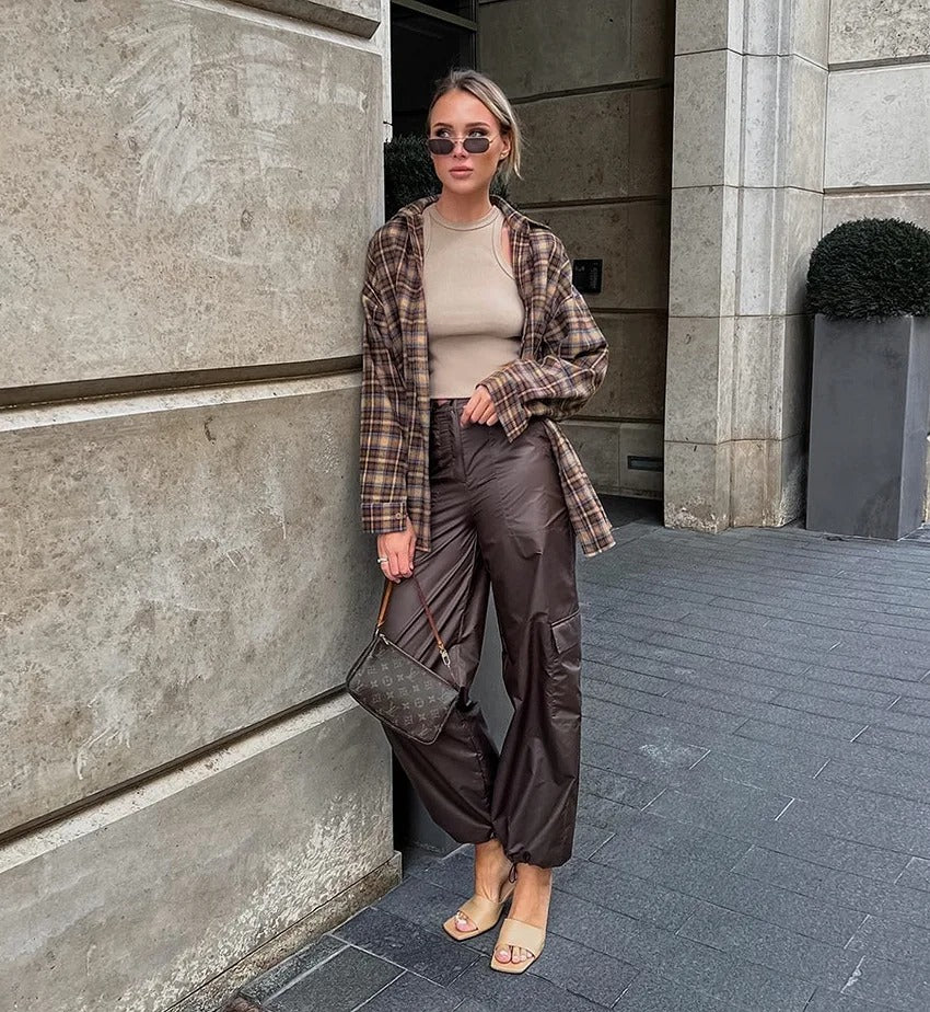 Vintage rutete langermet bluse for dame