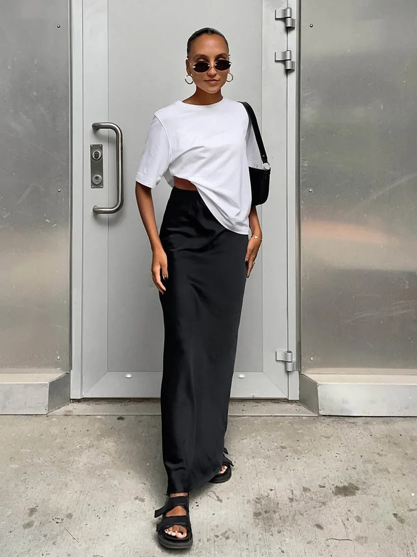 Høy midje satengskjørt for kvinner