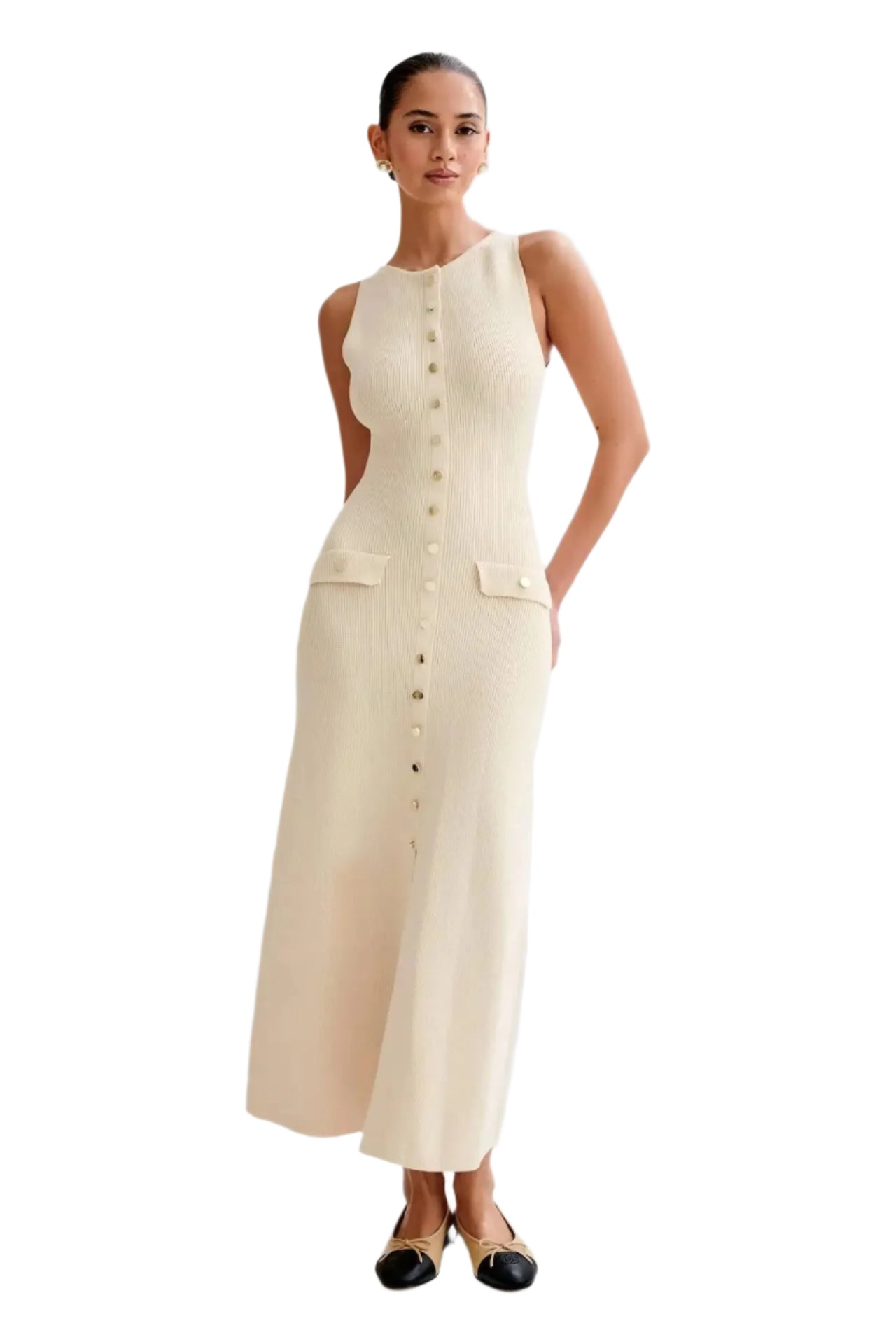 Strikket ermeløs bodycon-kjole med knapp opp for kvinner