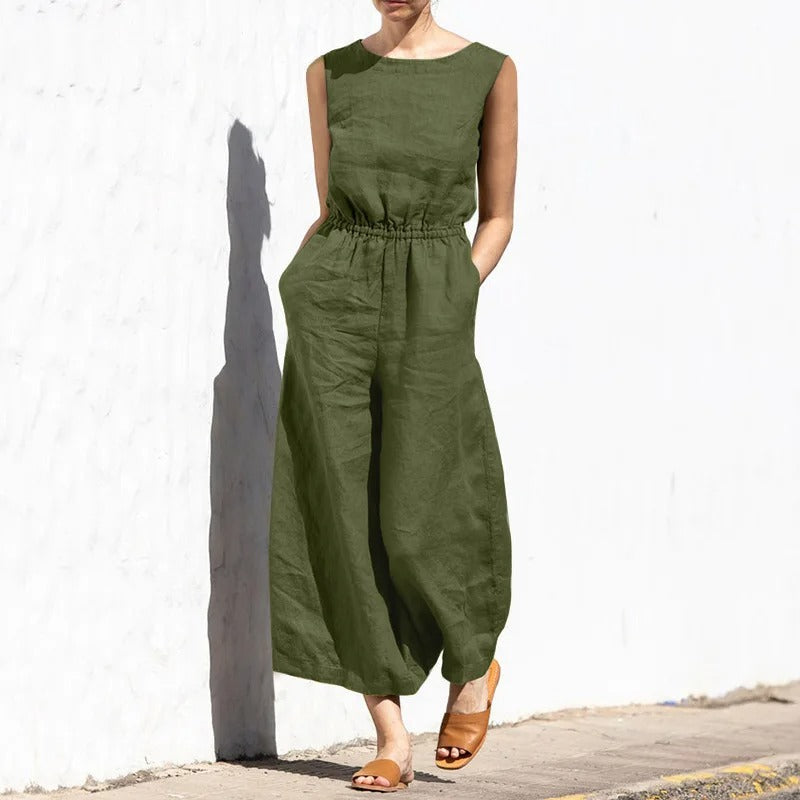 Jumpsuit i bomull og lin med høy midje for kvinner