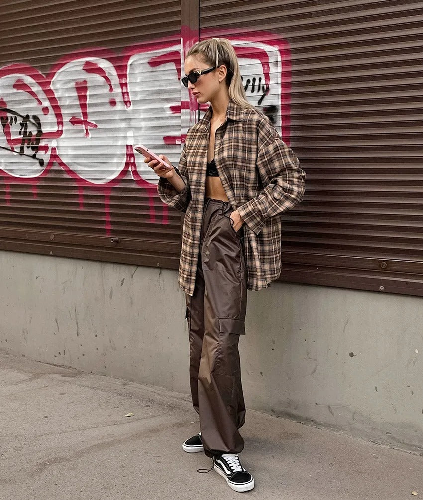 Vintage rutete langermet bluse for dame