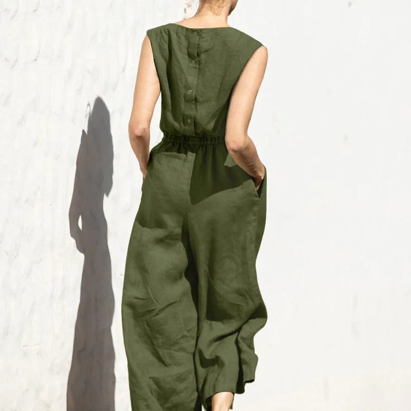 Jumpsuit i bomull og lin med høy midje for kvinner