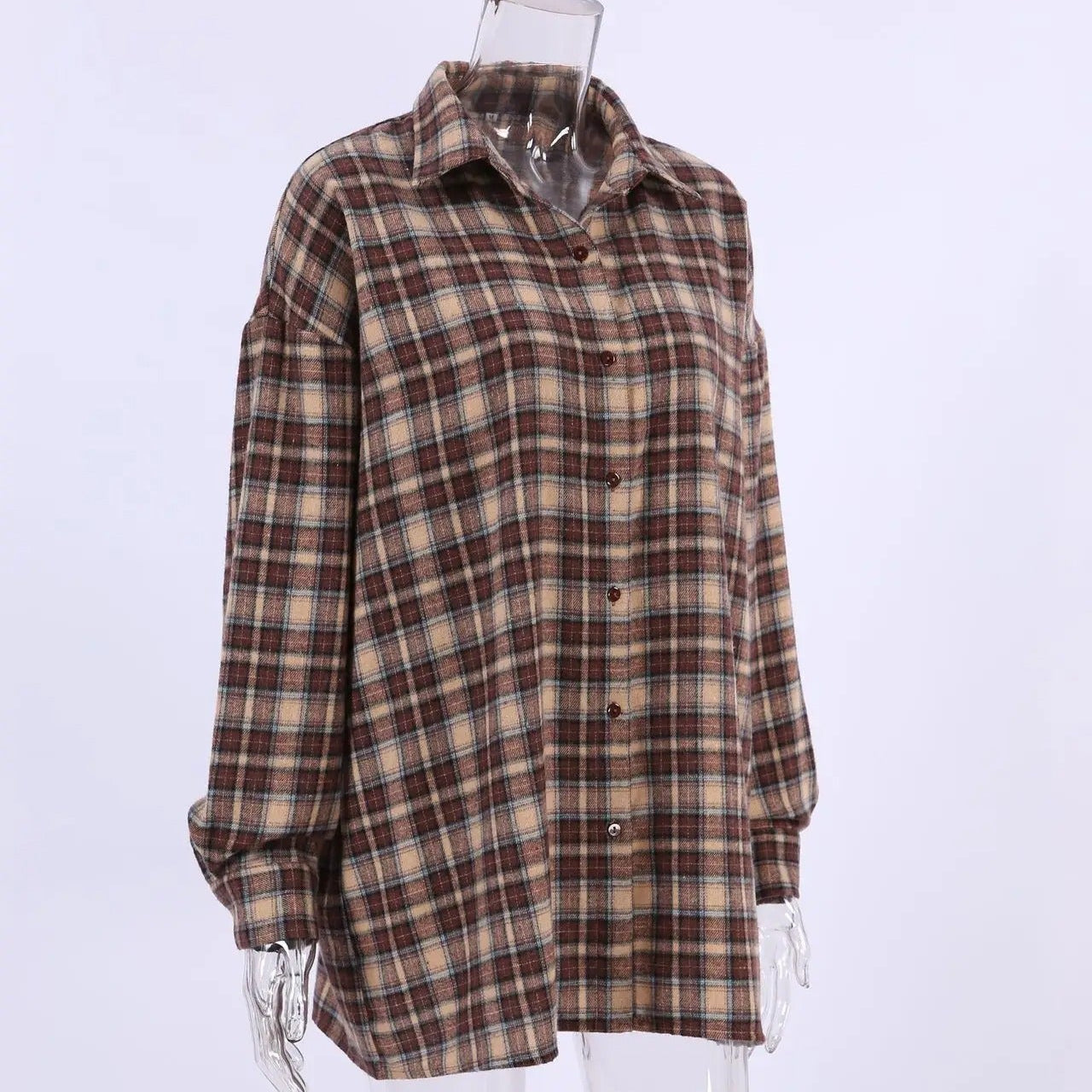 Vintage rutete langermet bluse for dame