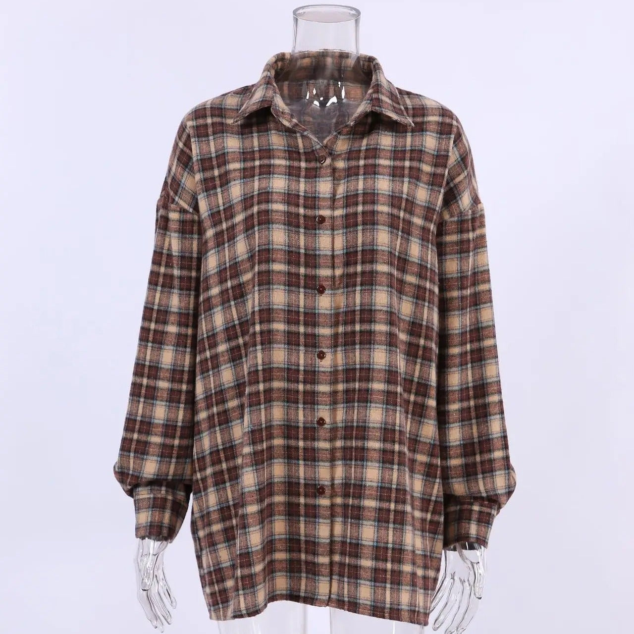 Vintage rutete langermet bluse for dame