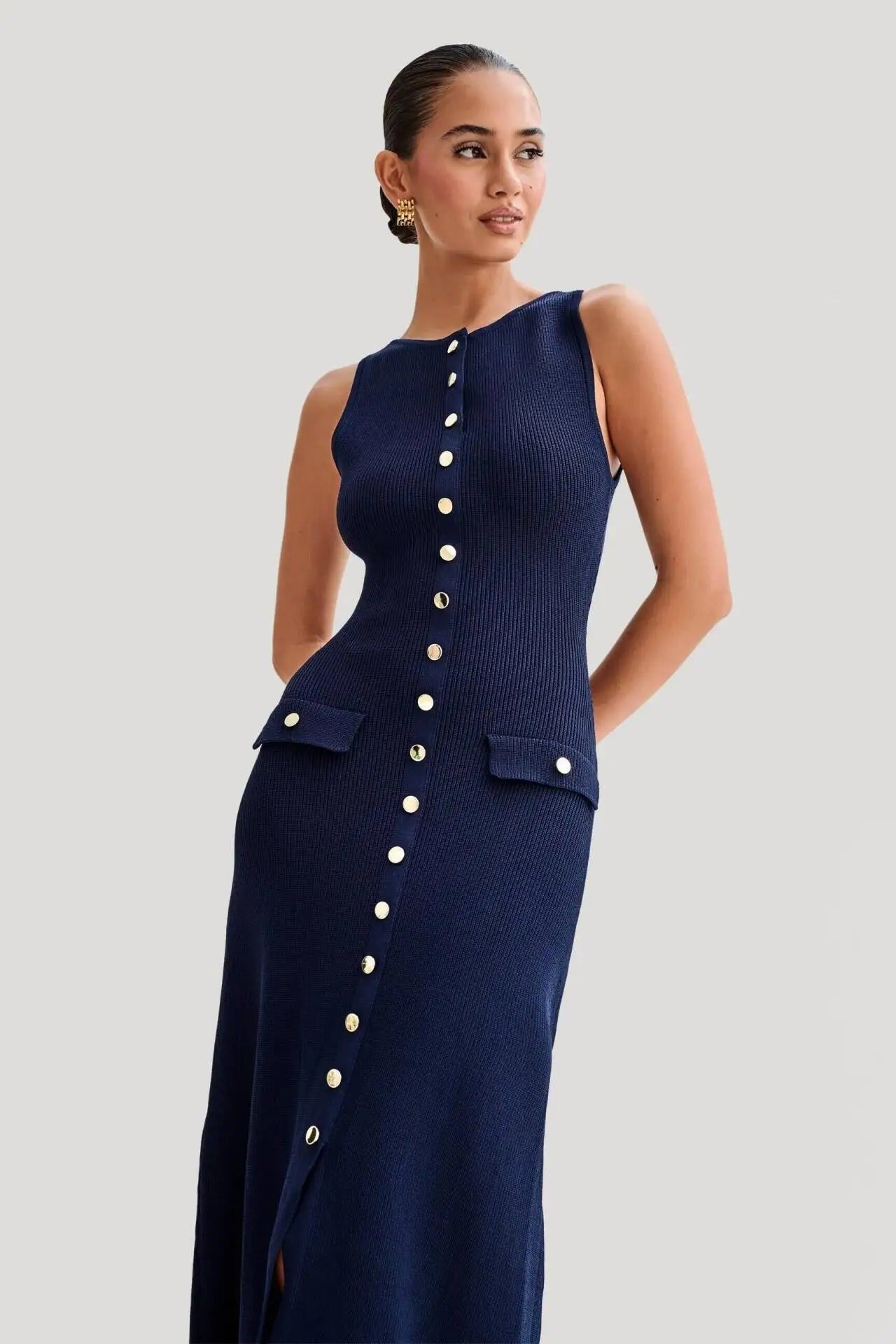 Button-up strikket Bodycon-kjole for kvinner