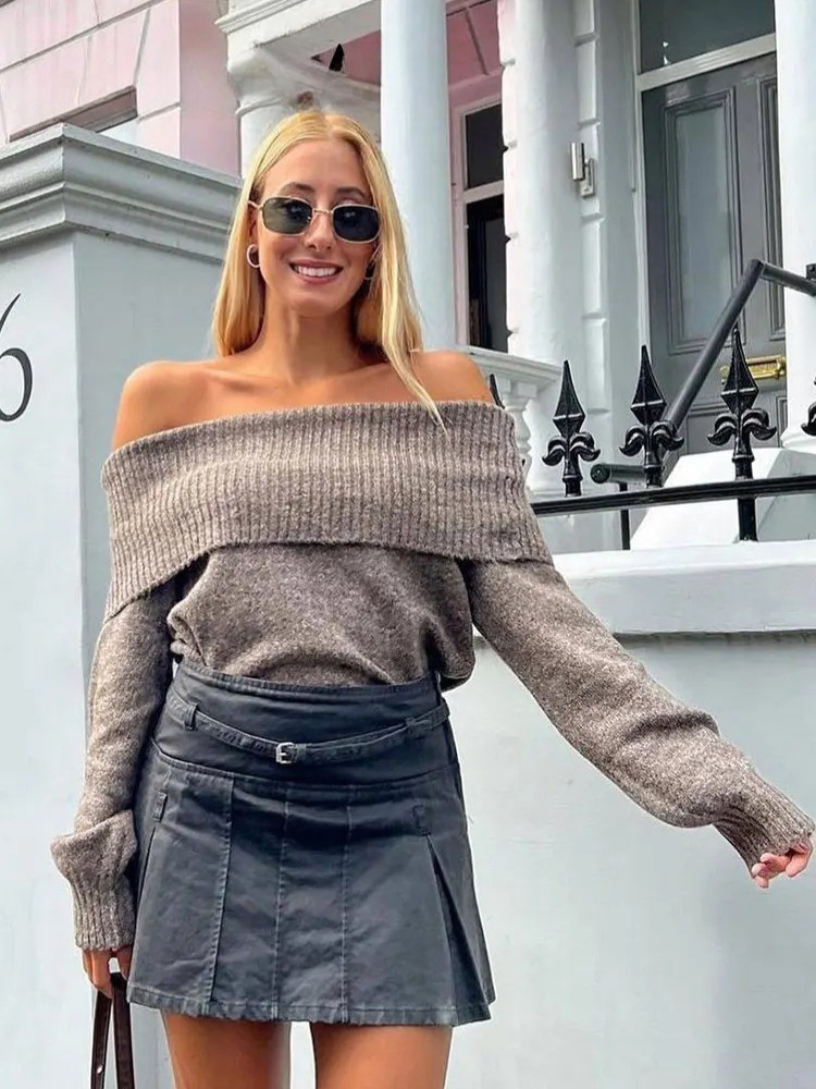 Off Shoulder strikket genser for kvinner