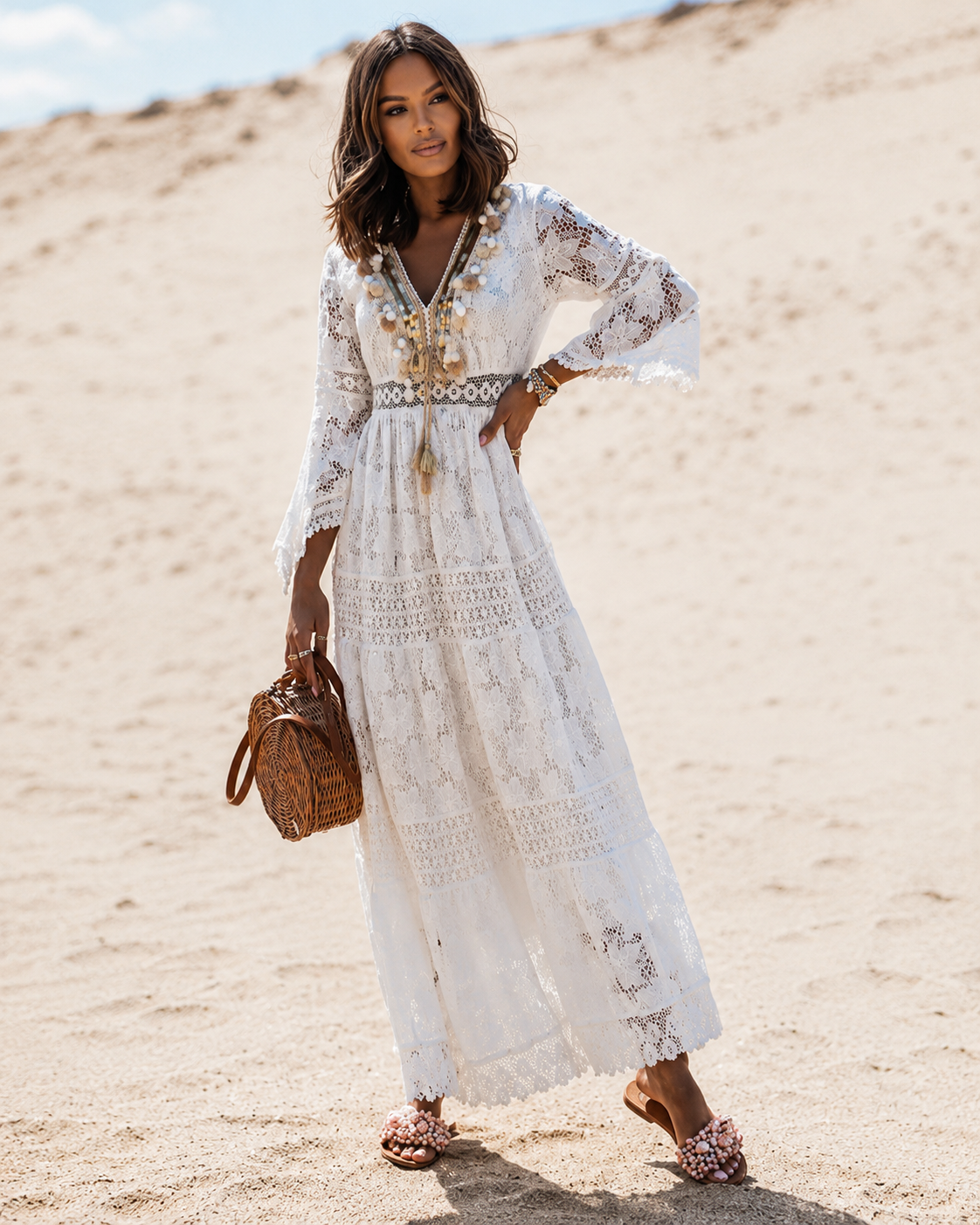 Kvinne Boho Kjole Lange Ermer Polyester Elastan