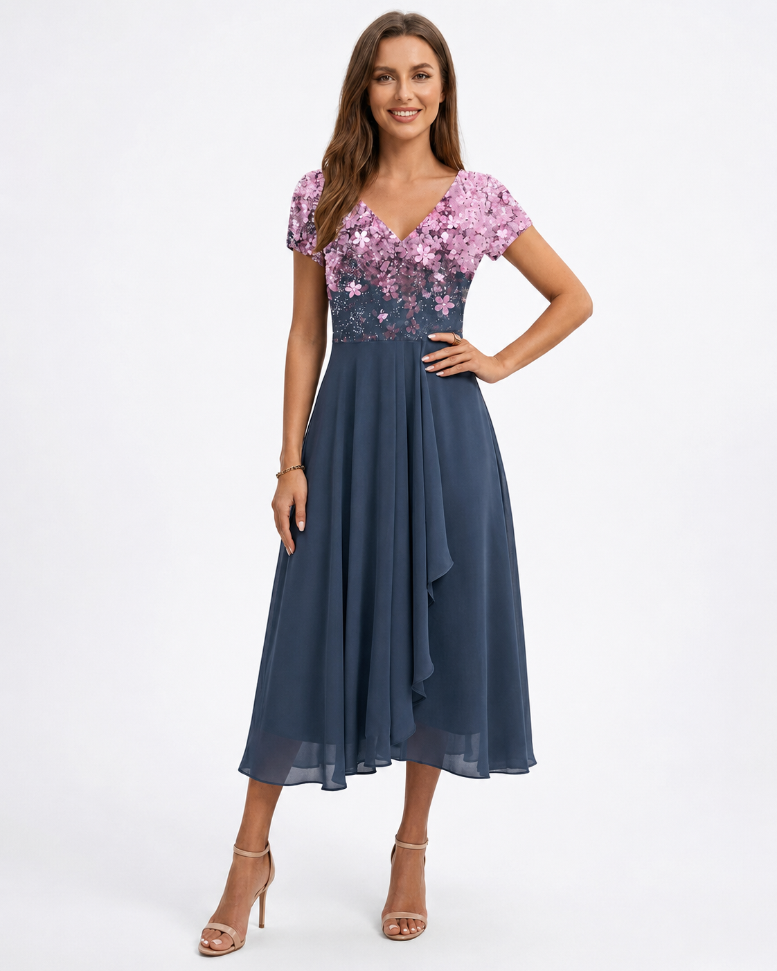 Kvinne Chiffon Kjole Midi Blomstertrykk