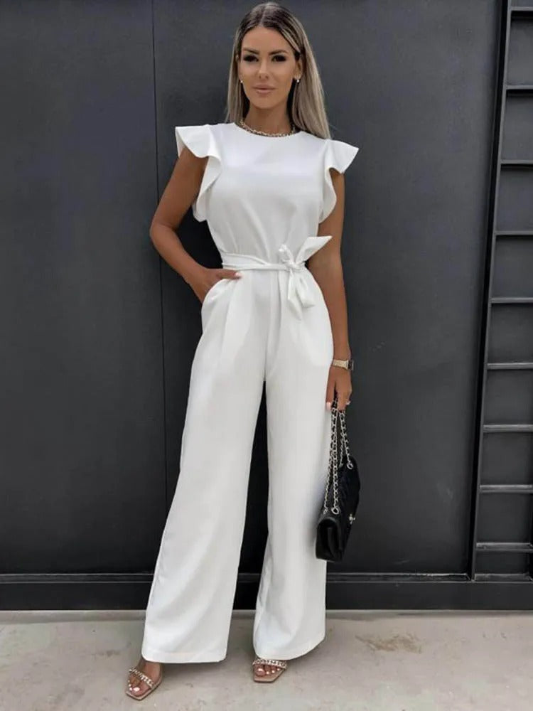 Ruffle Sleeve Jumpsuit med bånd og midje med vidde ben