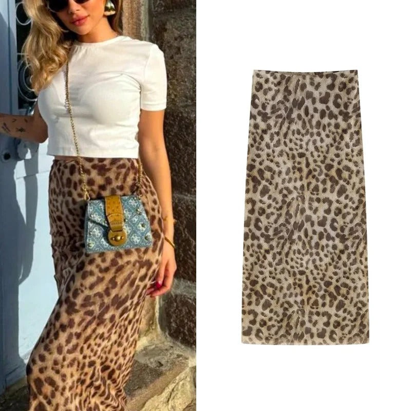 Langt skjørt med leopardtrykk for dame