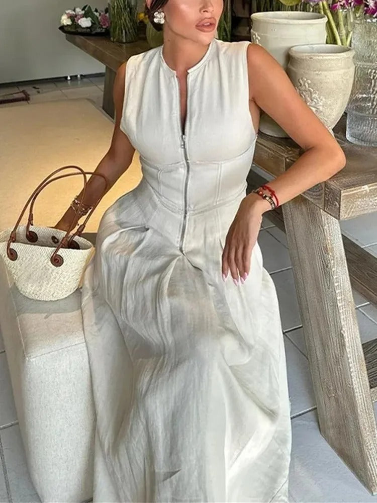 Dame ermeløs glidelås Plissert Bodycon Midi-kjole