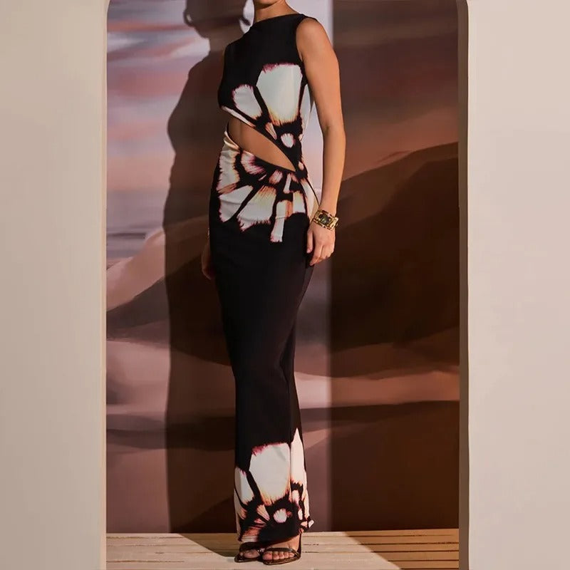 Kvinners ermeløs sommerkjole med utskjæring og trykk