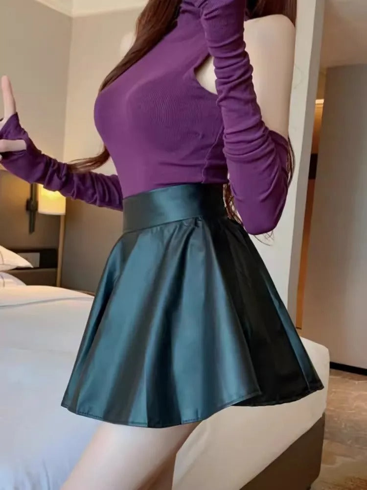 Vintage plissert skinnskjørt med høy midje