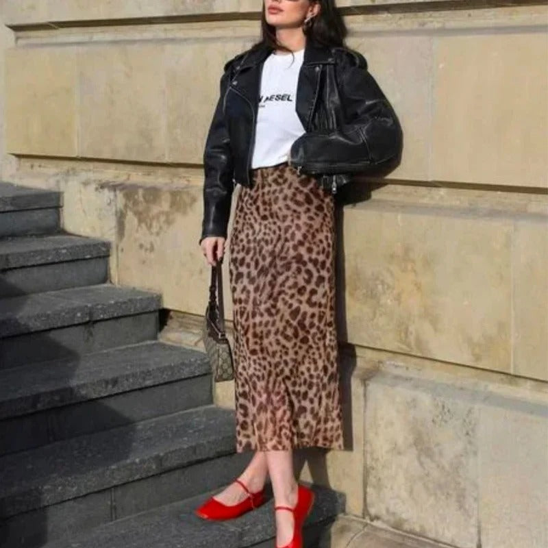 Langt skjørt med leopardtrykk for dame