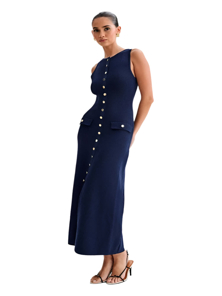 Button-up strikket Bodycon-kjole for kvinner